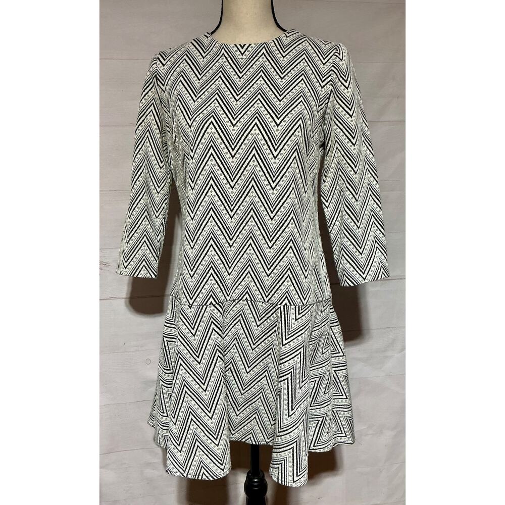 SATURDAY SUNDAY sz S white black zig zag pattern textured 3/4 sleeve dress